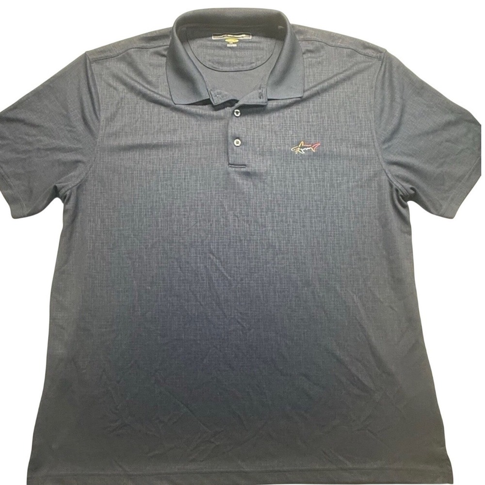 Greg Norman Play Dry Golf Polo Shirt Mens LARGE Navy Blue Crosshatch Shark Logo